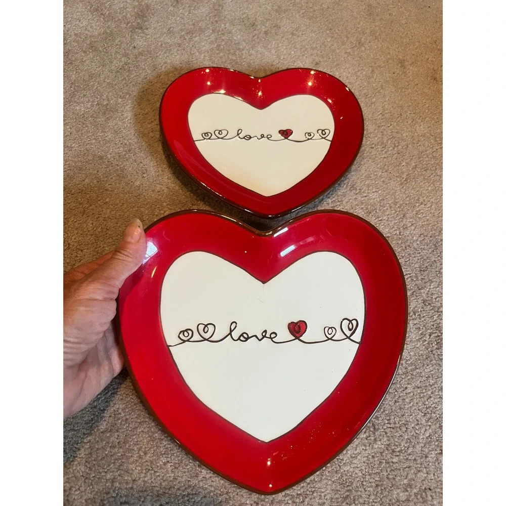 Valentine's 08 Heart Shaped Plates Set of 2 Red White Love Ceramic